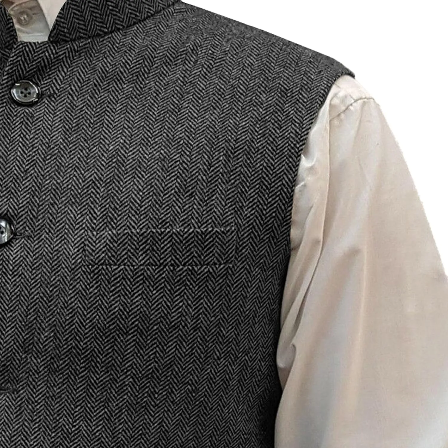 Mens Herringbone Wool Vests Slim Fit High Collar Waistcoats Tweed Wool Regular Fit Dress Vest