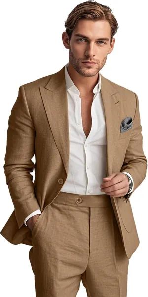 Mens Linen Suit 2 Piece Summer Casual Business Slim Fit Blazer Set for Beach Weddings Parties Tuxedo Jacket Pants