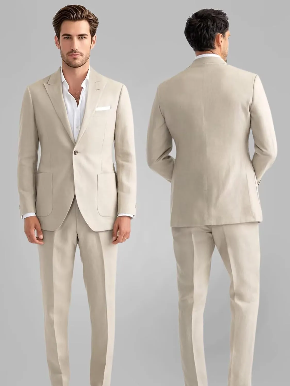 Mens Linen Suit 2 Piece Summer Casual Business Slim Fit Blazer Set for Beach Weddings Parties Tuxedo Jacket Pants