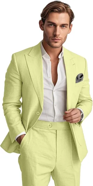 Mens Linen Suit 2 Piece Summer Casual Business Slim Fit Blazer Set for Beach Weddings Parties Tuxedo Jacket Pants