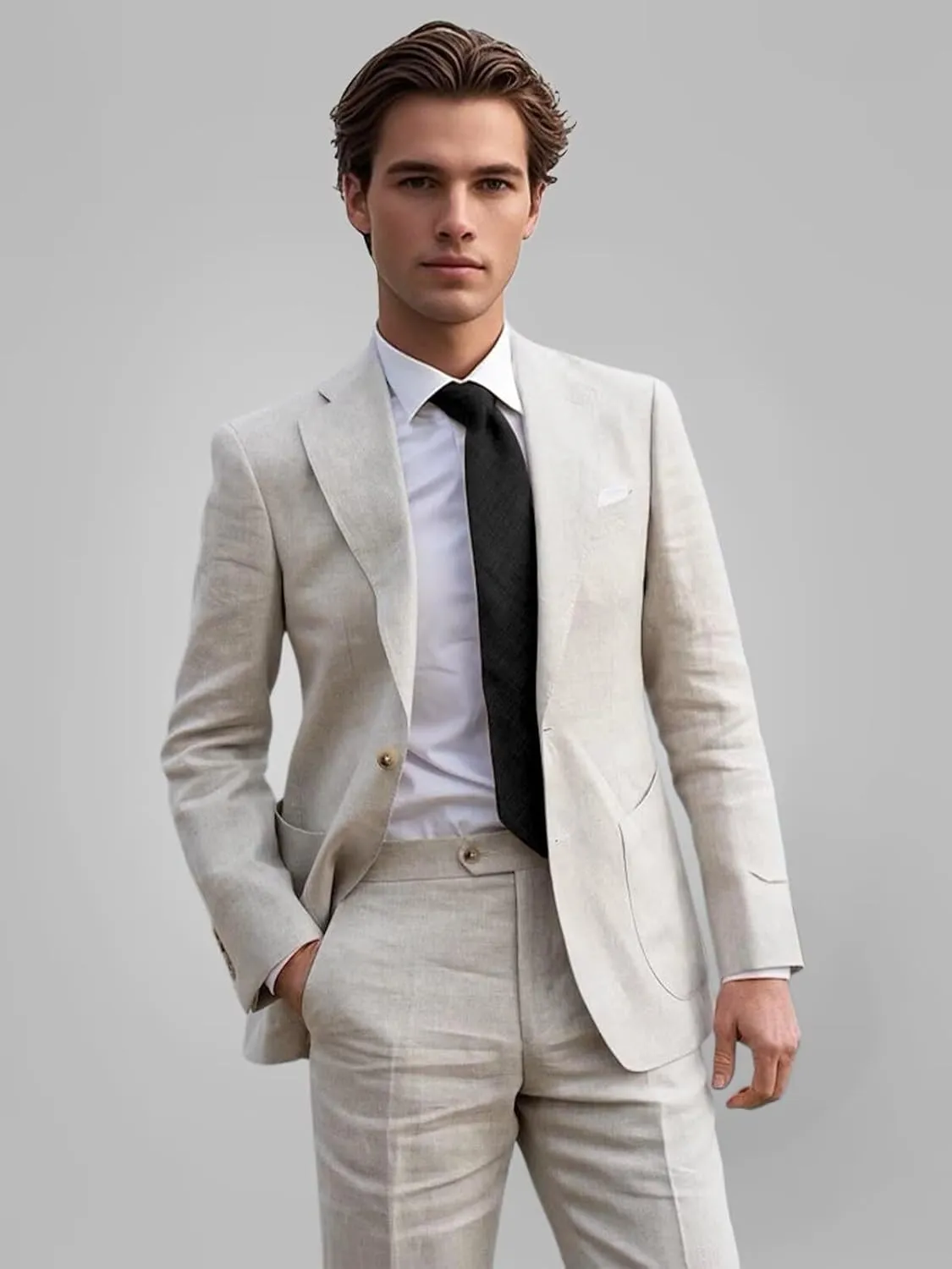 Mens Linen Suit 2 Piece Summer Casual Business Slim Fit Blazer Set for Beach Weddings Parties Tuxedo Jacket Pants
