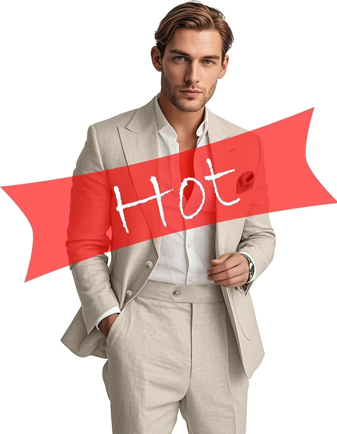 Mens Linen Suit 2 Piece Summer Casual Business Slim Fit Blazer Set for Beach Weddings Parties Tuxedo Jacket Pants