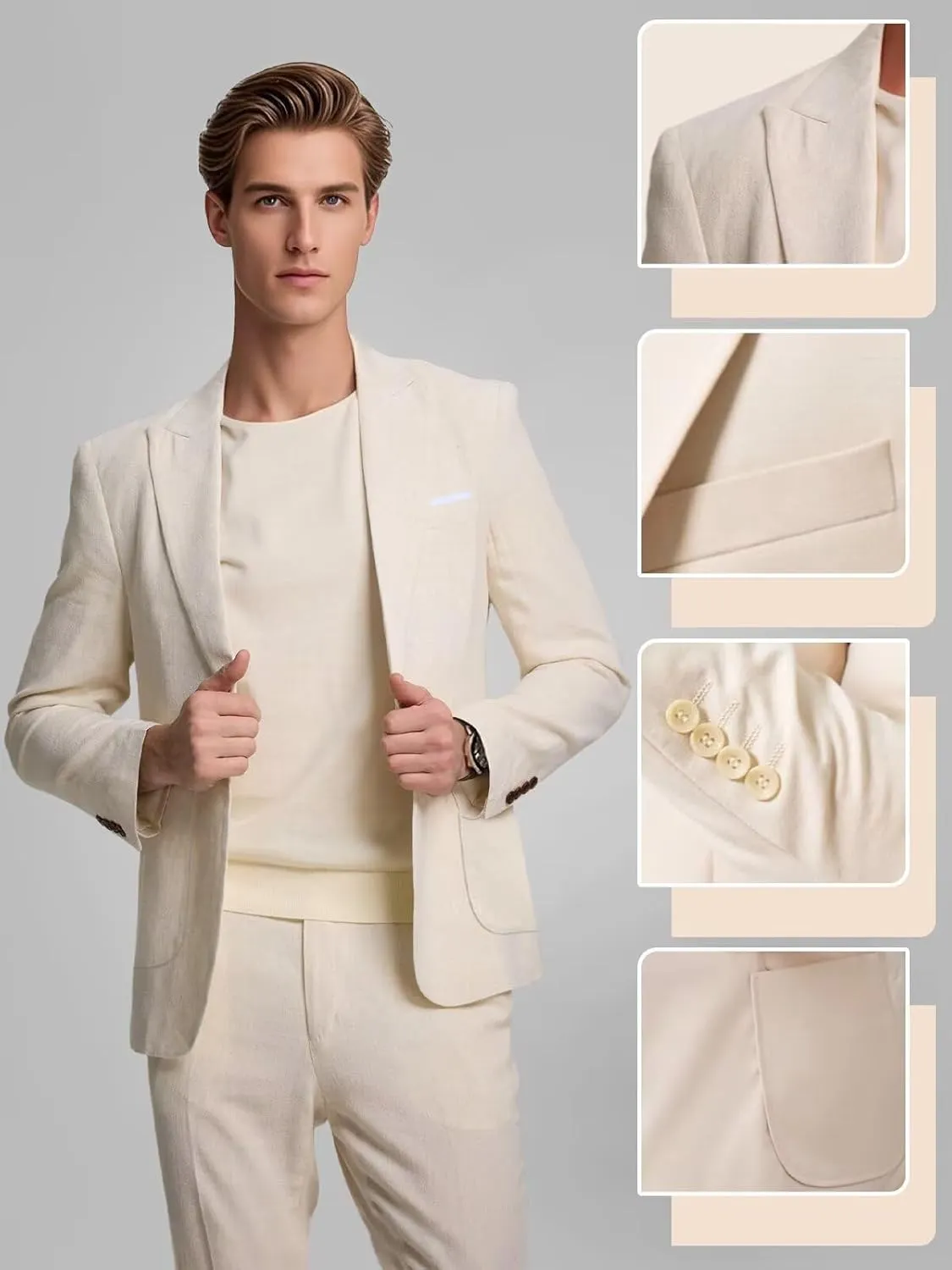 Mens Linen Suit 2 Piece Summer Casual Business Slim Fit Blazer Set for Beach Weddings Parties Tuxedo Jacket Pants