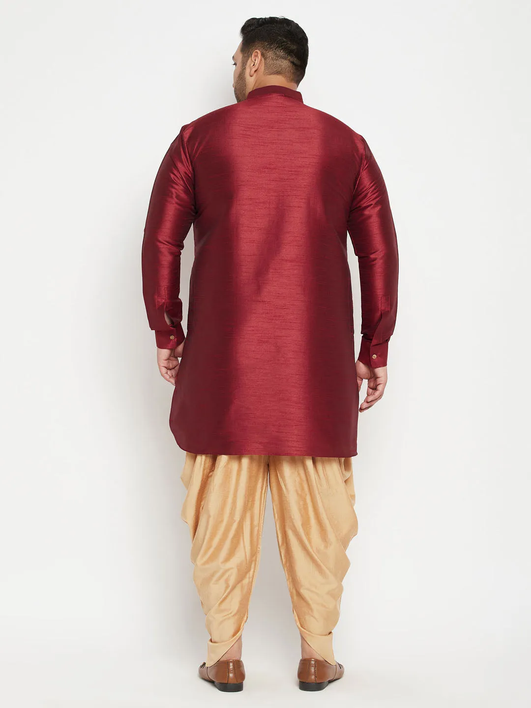 Men's Plus Maroon And Rose Gold Silk Blend Kurta And Dhoti Set - Vastramay