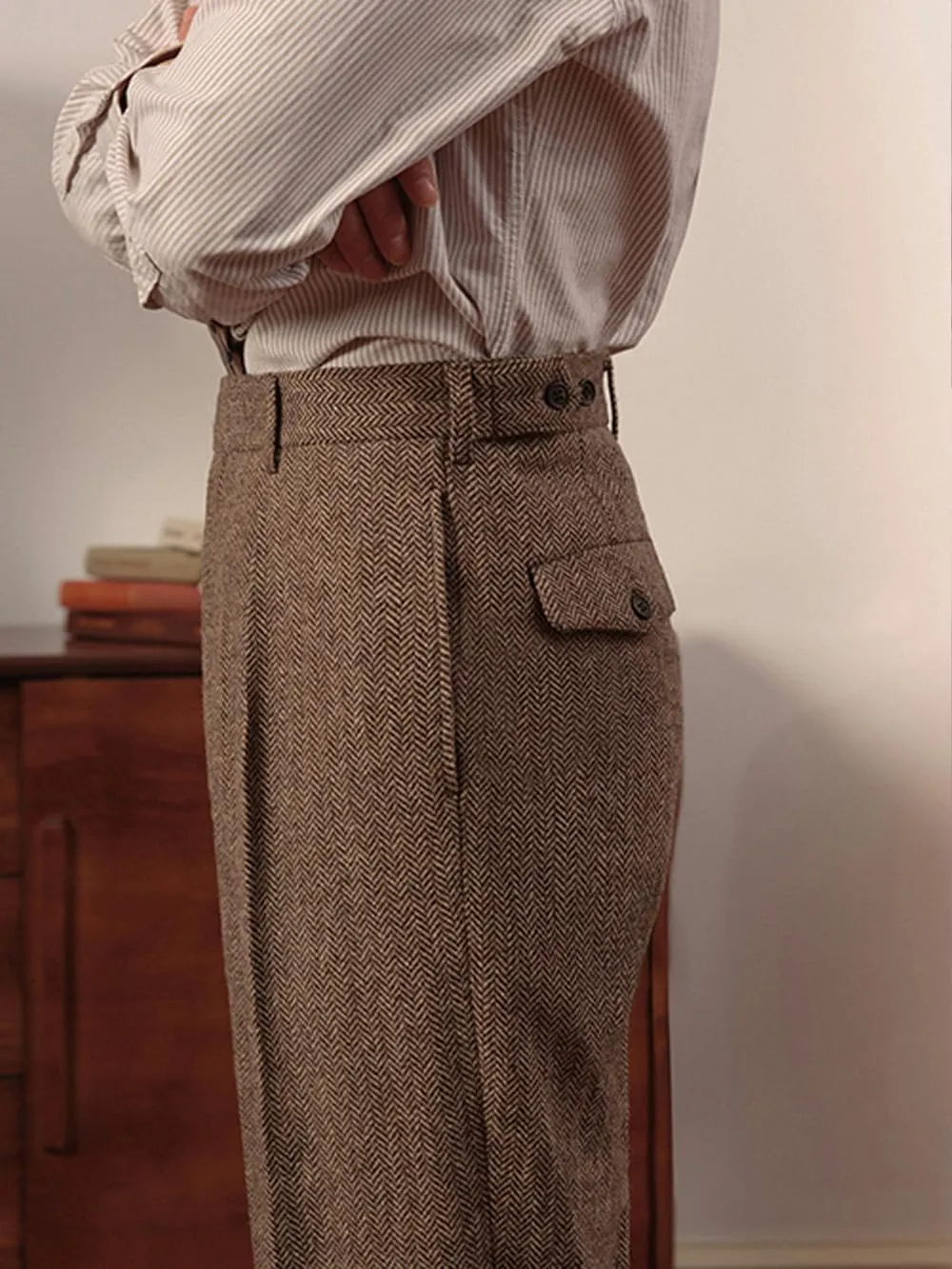 Men's Suit Pants Tweed Herringbone Pants Vintage Wool Mens Dress Trousers