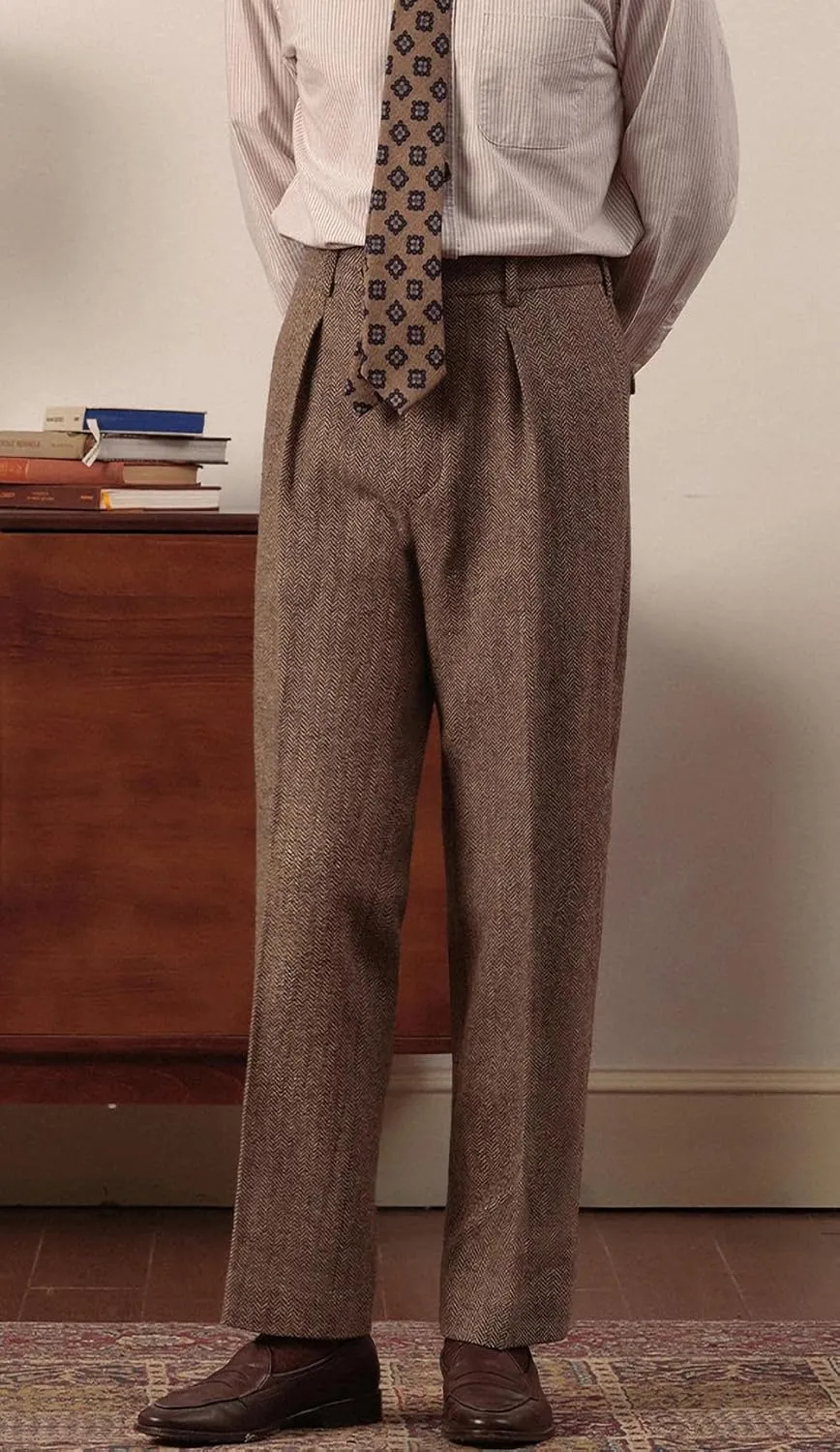 Men's Suit Pants Tweed Herringbone Pants Vintage Wool Mens Dress Trousers