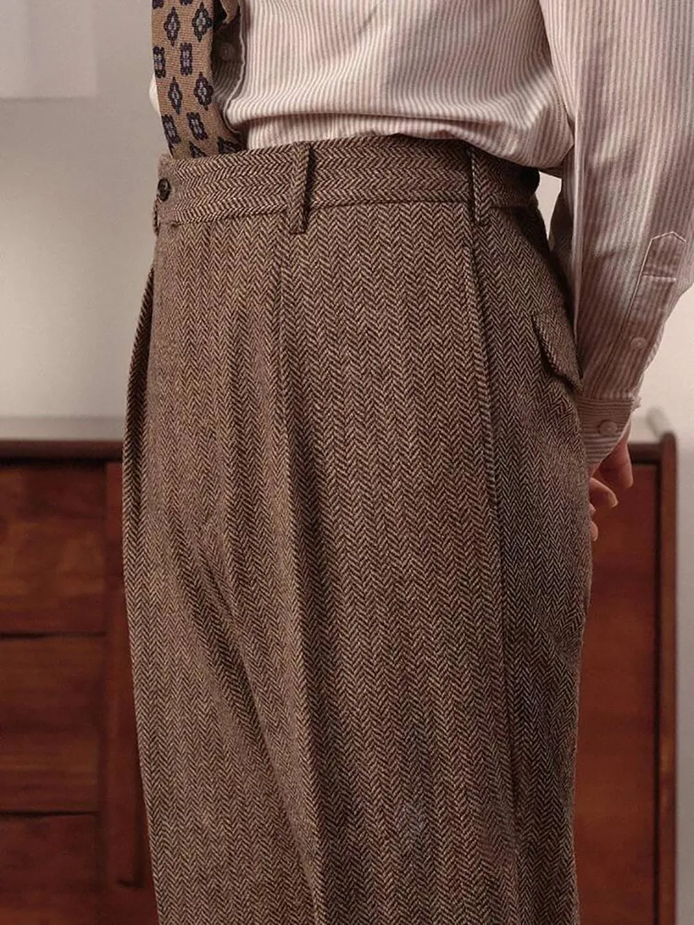 Men's Suit Pants Tweed Herringbone Pants Vintage Wool Mens Dress Trousers
