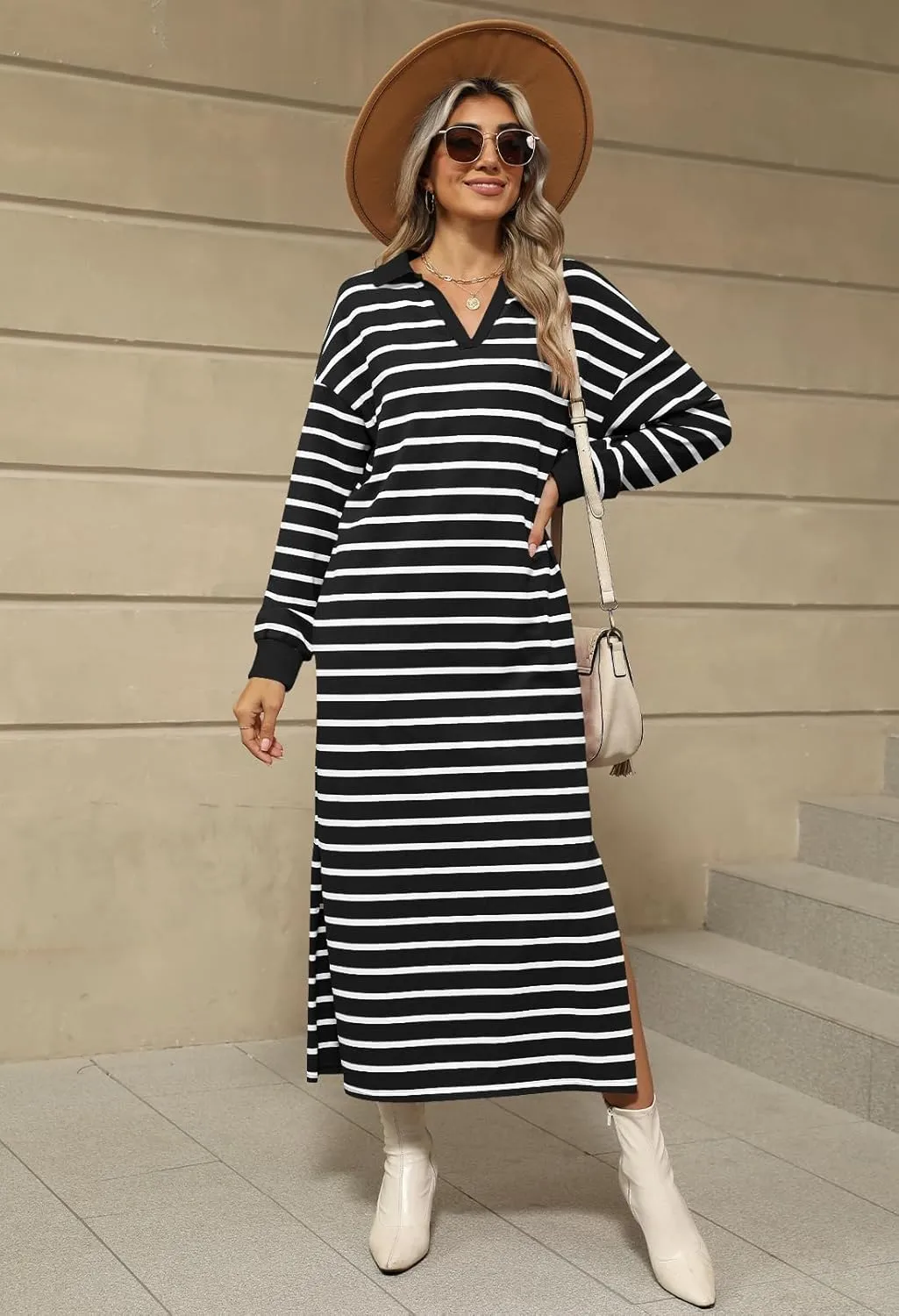 MEROKEETY Women's 2024 Fall Long Sleeve Striped Dress V Neck Collared Side Slit Casual Maxi Dresses