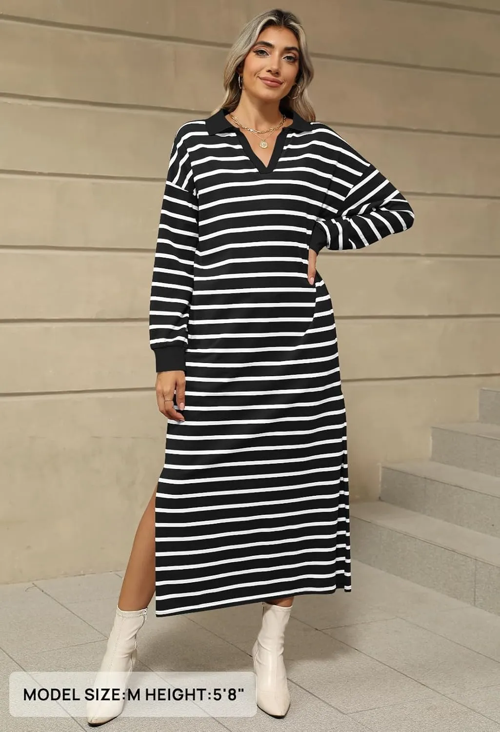 MEROKEETY Women's 2024 Fall Long Sleeve Striped Dress V Neck Collared Side Slit Casual Maxi Dresses