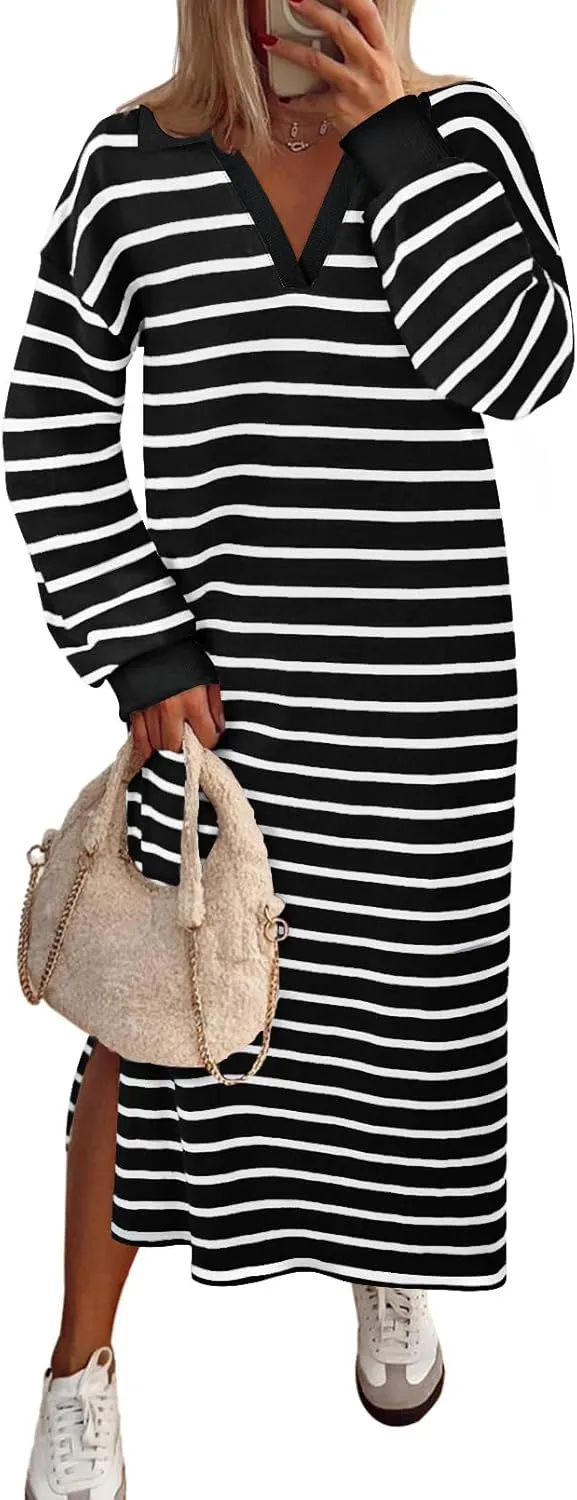 MEROKEETY Women's 2024 Fall Long Sleeve Striped Dress V Neck Collared Side Slit Casual Maxi Dresses