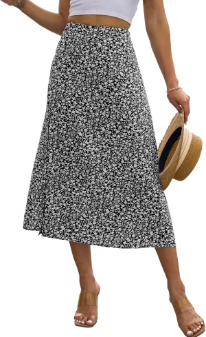 NENONA Womens Summer Flowy Slit Midi Skirts Casual Lightweight High Waisted Boho Floral Beach Skirt