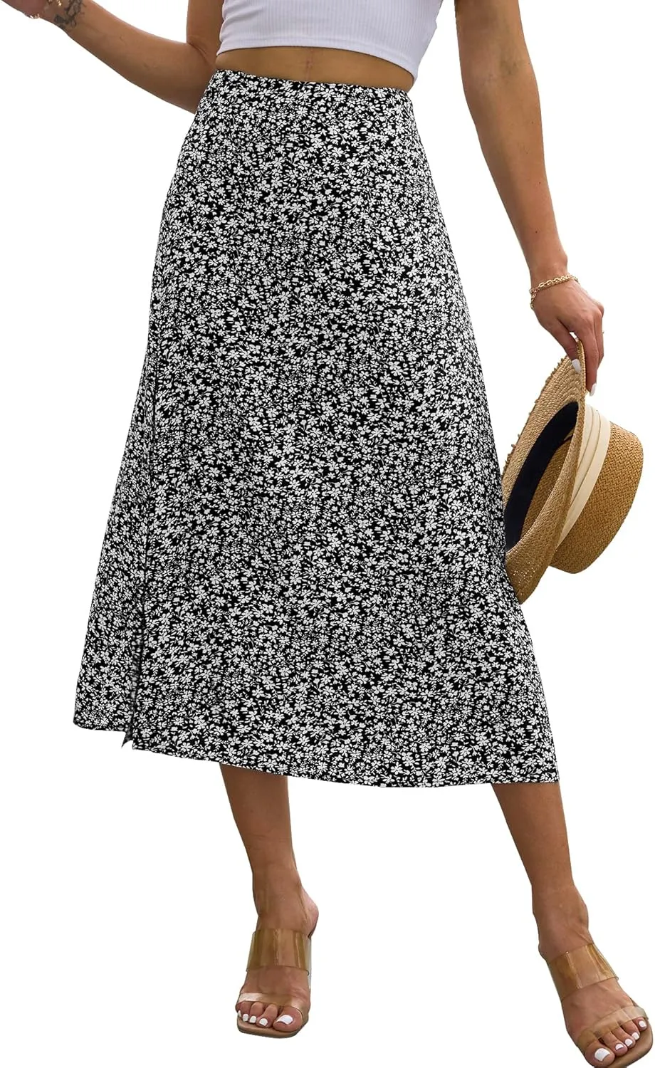 NENONA Womens Summer Flowy Slit Midi Skirts Casual Lightweight High Waisted Boho Floral Beach Skirt