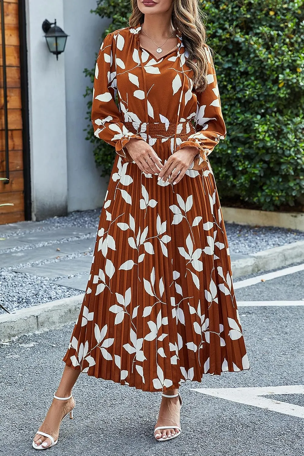 PRETTYGARDEN Women's 2025 Spring Fall Midi Dress Casual Long Sleeve V Neck Swiss Dot Pleated A Line Flowy Dresses
