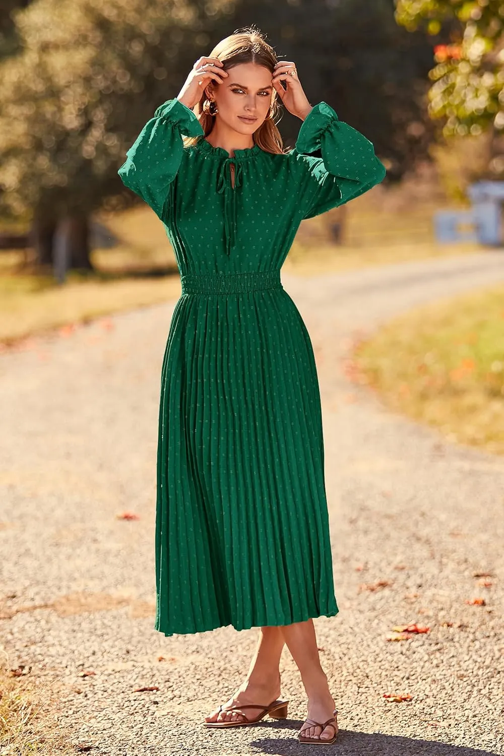 PRETTYGARDEN Women's 2025 Spring Fall Midi Dress Casual Long Sleeve V Neck Swiss Dot Pleated A Line Flowy Dresses
