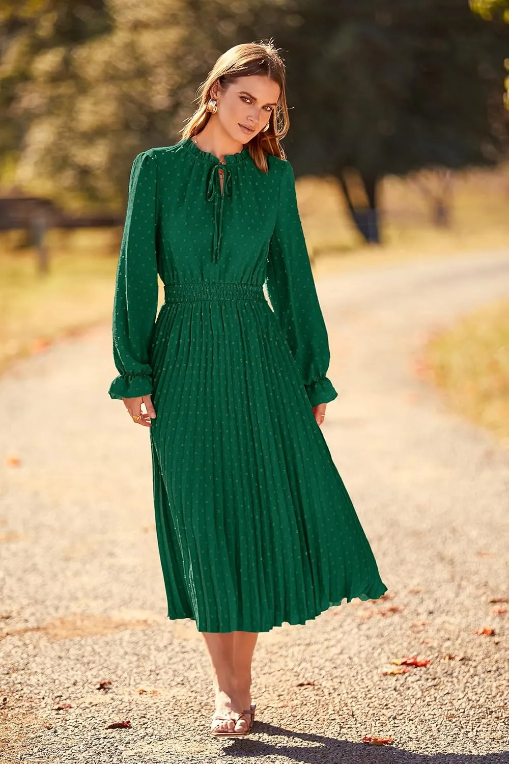 PRETTYGARDEN Women's 2025 Spring Fall Midi Dress Casual Long Sleeve V Neck Swiss Dot Pleated A Line Flowy Dresses