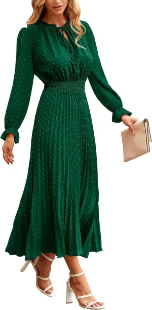 PRETTYGARDEN Women's 2025 Spring Fall Midi Dress Casual Long Sleeve V Neck Swiss Dot Pleated A Line Flowy Dresses