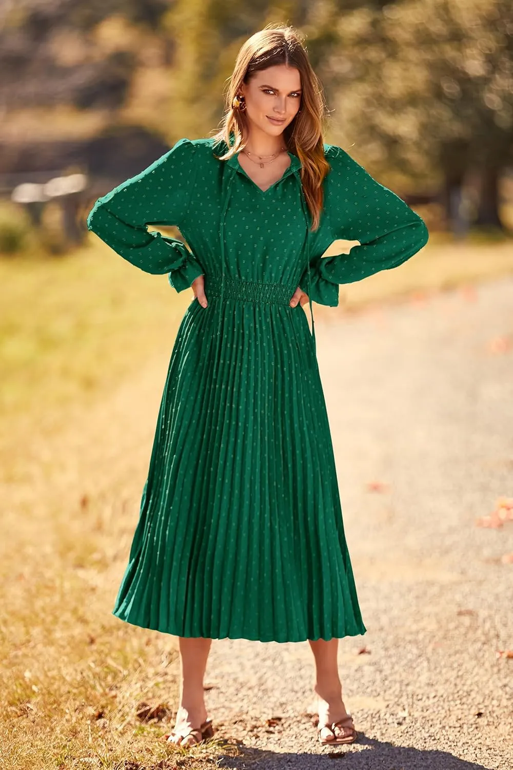 PRETTYGARDEN Women's 2025 Spring Fall Midi Dress Casual Long Sleeve V Neck Swiss Dot Pleated A Line Flowy Dresses