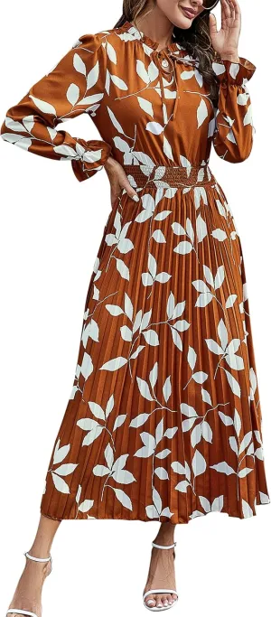 PRETTYGARDEN Women's 2025 Spring Fall Midi Dress Casual Long Sleeve V Neck Swiss Dot Pleated A Line Flowy Dresses
