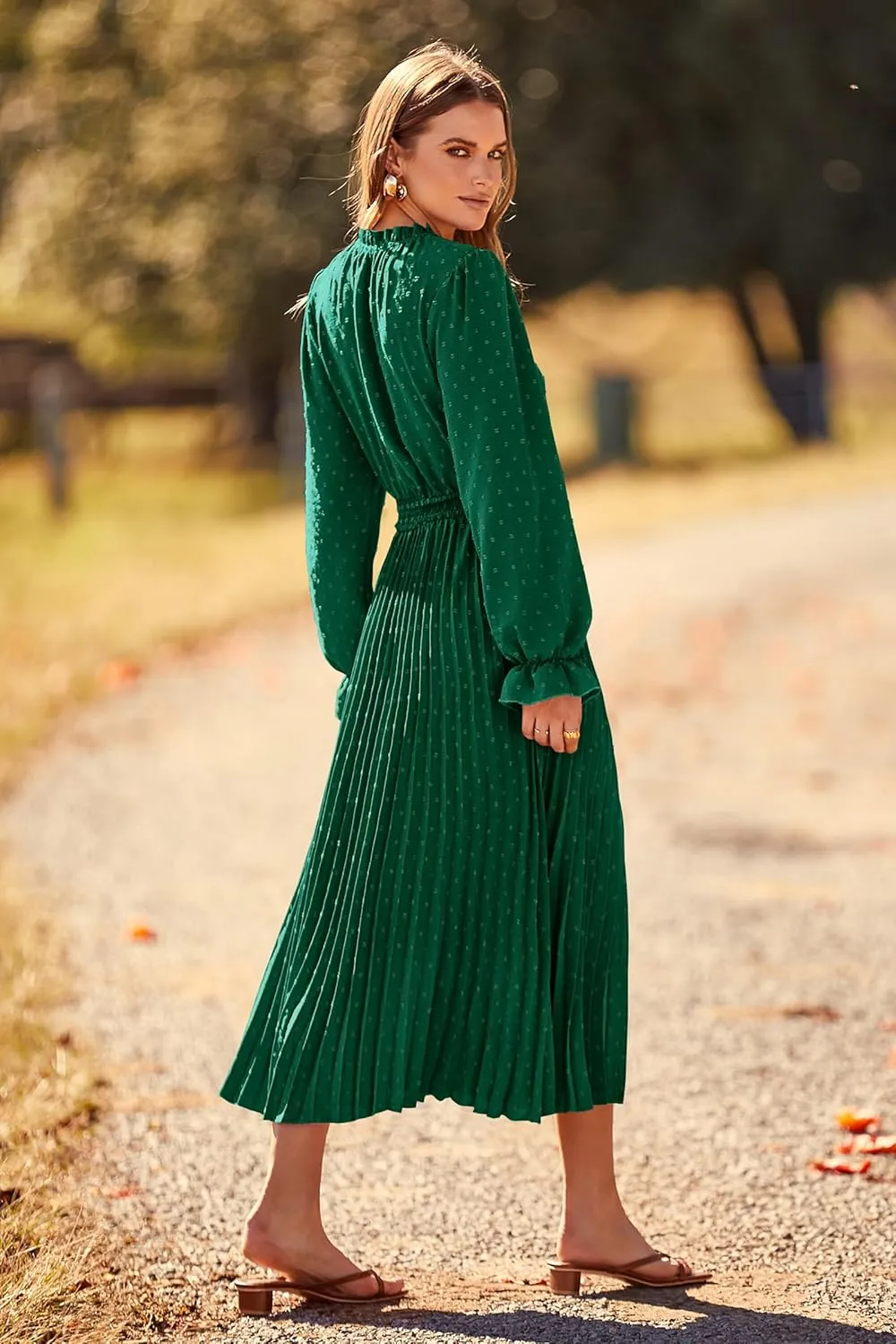 PRETTYGARDEN Women's 2025 Spring Fall Midi Dress Casual Long Sleeve V Neck Swiss Dot Pleated A Line Flowy Dresses