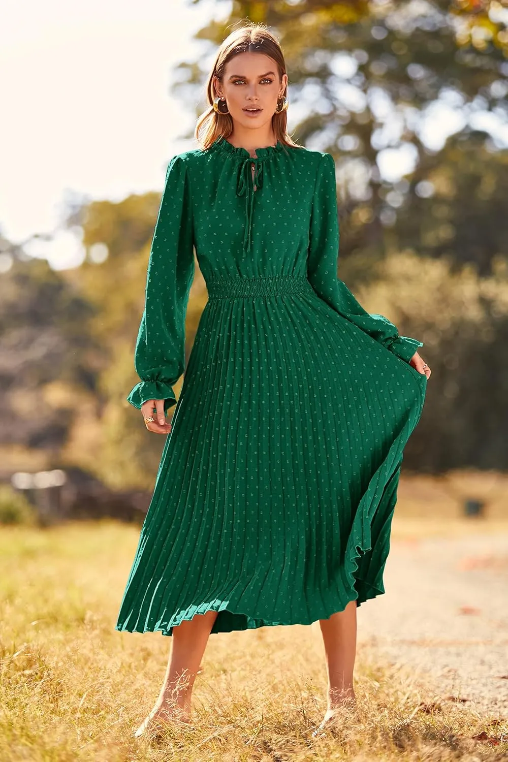 PRETTYGARDEN Women's 2025 Spring Fall Midi Dress Casual Long Sleeve V Neck Swiss Dot Pleated A Line Flowy Dresses