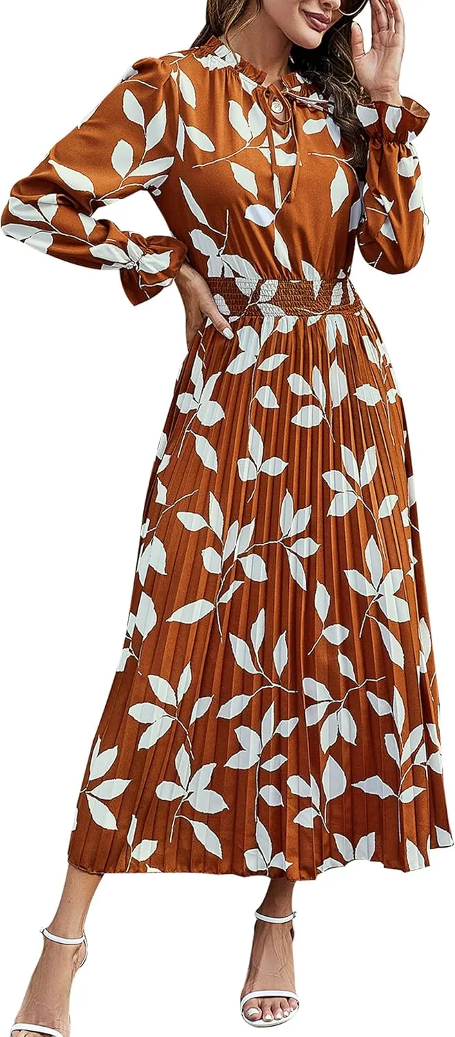 PRETTYGARDEN Women's 2025 Spring Fall Midi Dress Casual Long Sleeve V Neck Swiss Dot Pleated A Line Flowy Dresses