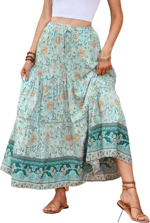 R.Vivimos Womens Summer Cotton Vintage Floral Print Boho Casual Ruffled Flowy Maxi Skirt