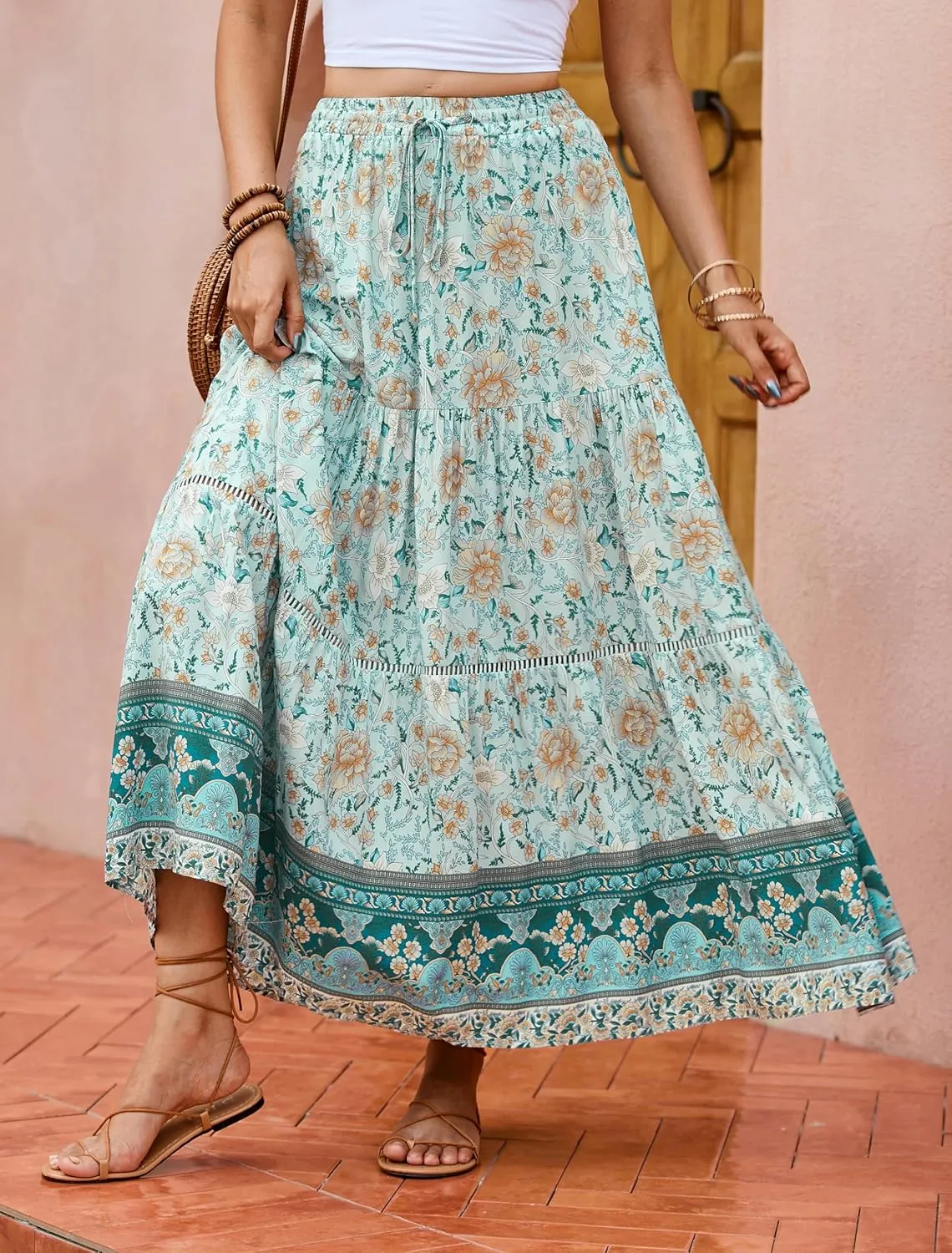 R.Vivimos Womens Summer Cotton Vintage Floral Print Boho Casual Ruffled Flowy Maxi Skirt