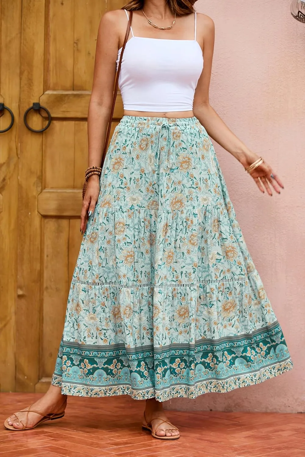 R.Vivimos Womens Summer Cotton Vintage Floral Print Boho Casual Ruffled Flowy Maxi Skirt