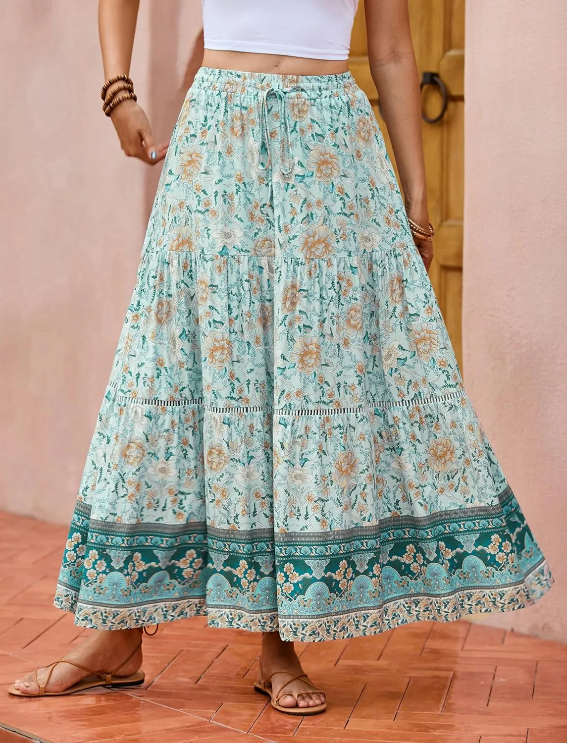R.Vivimos Womens Summer Cotton Vintage Floral Print Boho Casual Ruffled Flowy Maxi Skirt