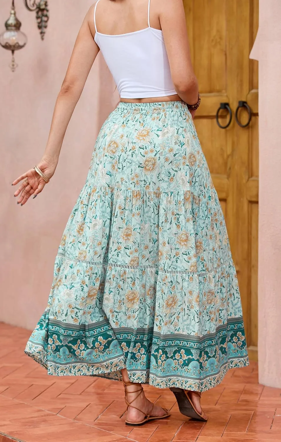 R.Vivimos Womens Summer Cotton Vintage Floral Print Boho Casual Ruffled Flowy Maxi Skirt