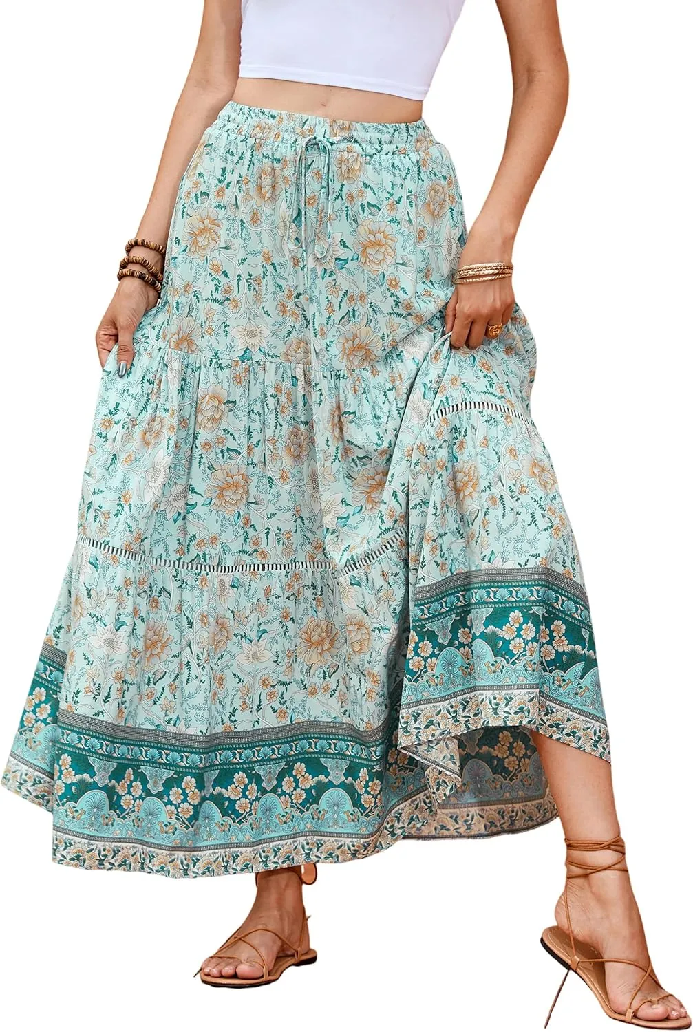 R.Vivimos Womens Summer Cotton Vintage Floral Print Boho Casual Ruffled Flowy Maxi Skirt