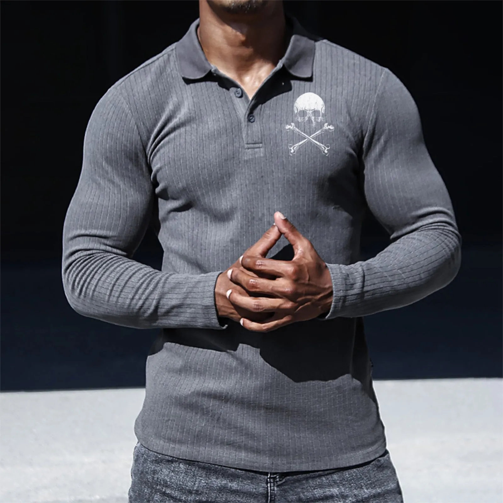 SKULL STRIPED GRAPHIC LONG SLEEVE POLO SHIRT
