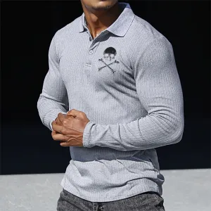 SKULL STRIPED GRAPHIC LONG SLEEVE POLO SHIRT