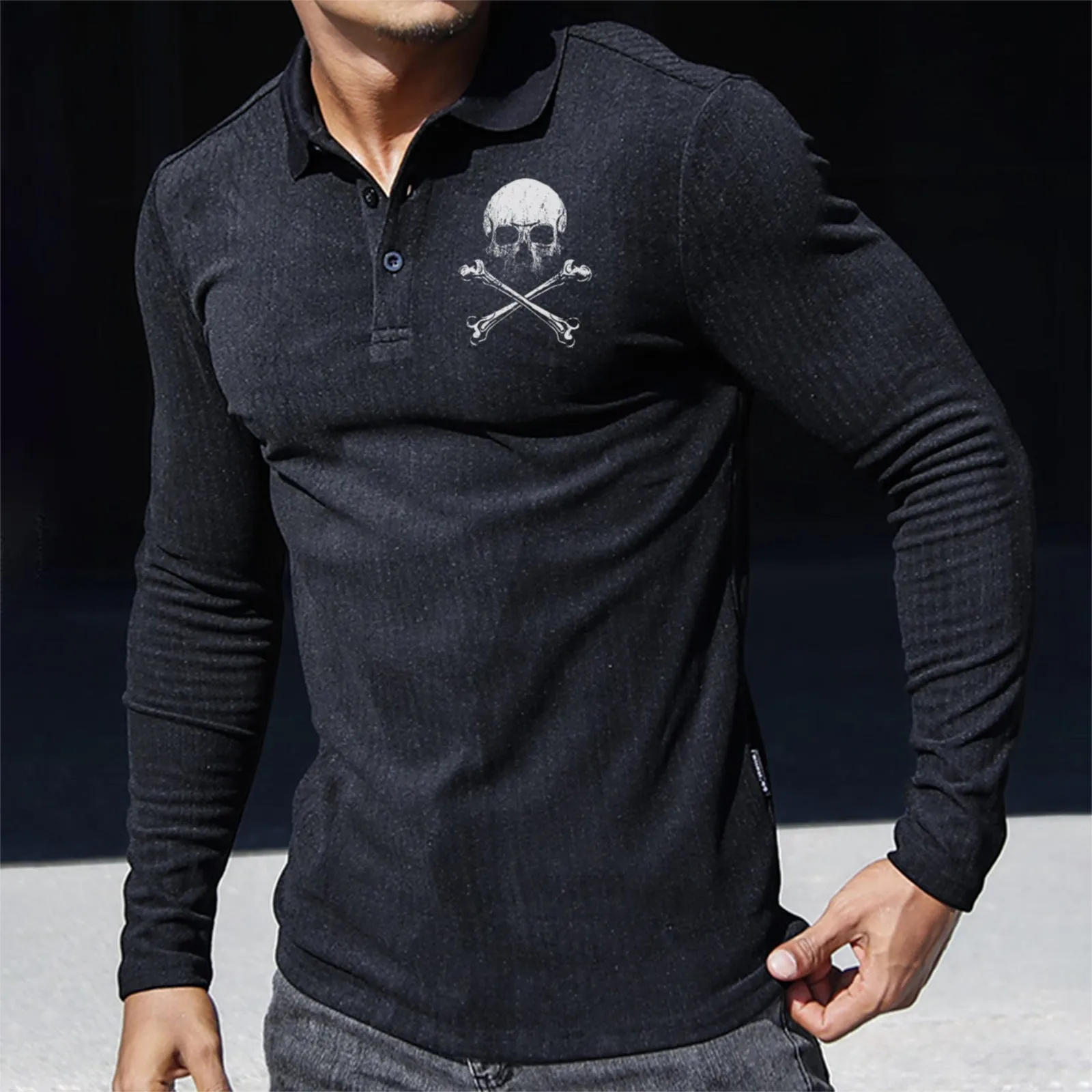 SKULL STRIPED GRAPHIC LONG SLEEVE POLO SHIRT