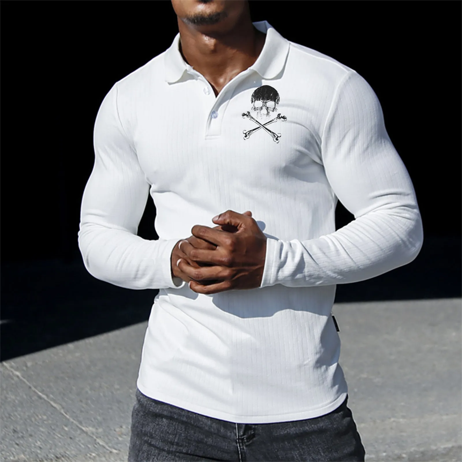 SKULL STRIPED GRAPHIC LONG SLEEVE POLO SHIRT