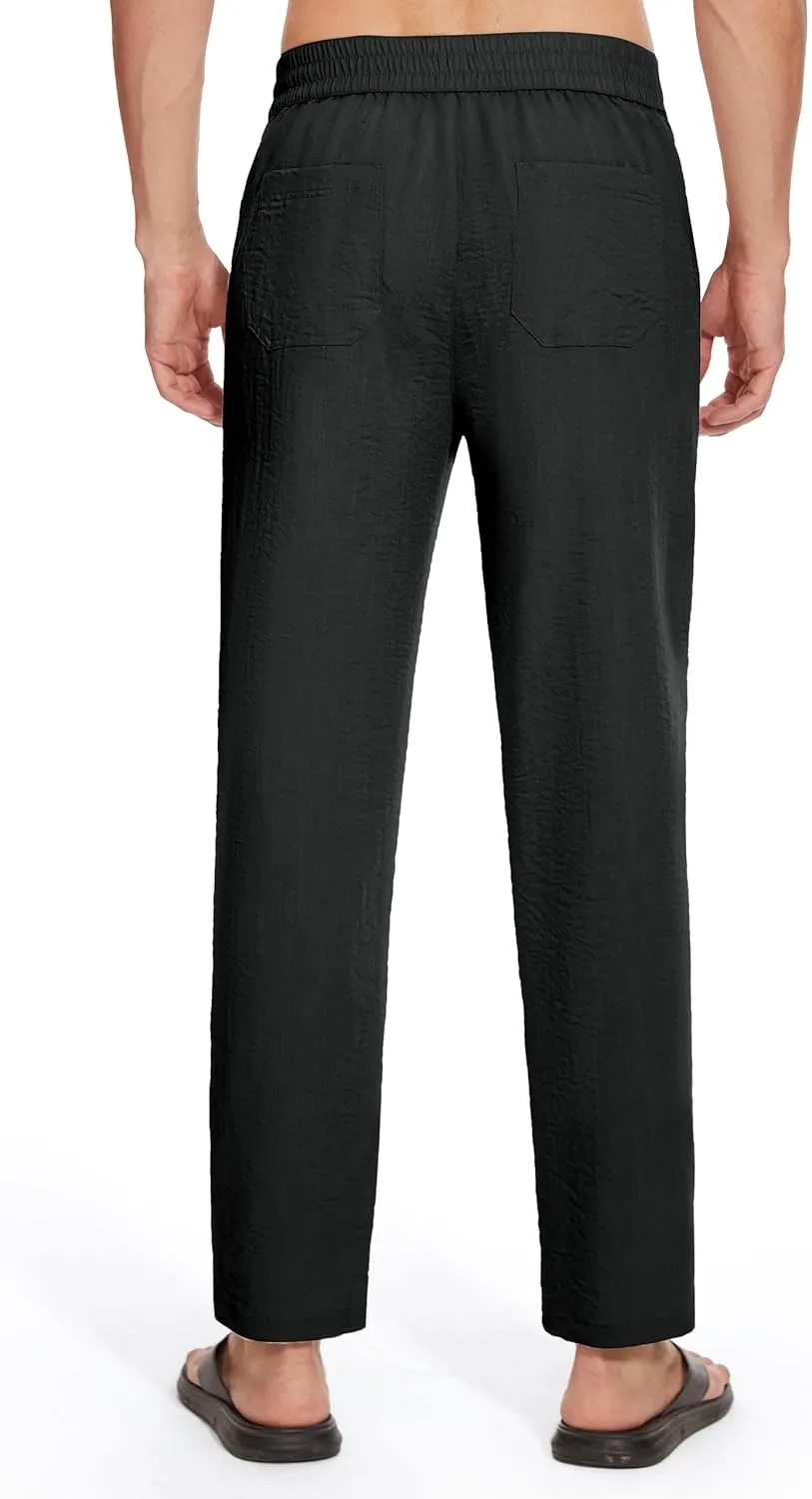 Tall Mens Casual Linen Pants 31/33/35/37 Inseam Beach Slacks Summer Long Drawstring Straight Leg Relaxed Fit