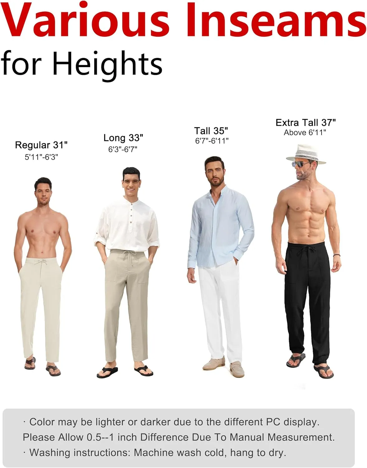 Tall Mens Casual Linen Pants 31/33/35/37 Inseam Beach Slacks Summer Long Drawstring Straight Leg Relaxed Fit
