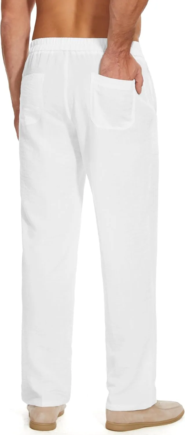 Tall Mens Casual Linen Pants 31/33/35/37 Inseam Beach Slacks Summer Long Drawstring Straight Leg Relaxed Fit