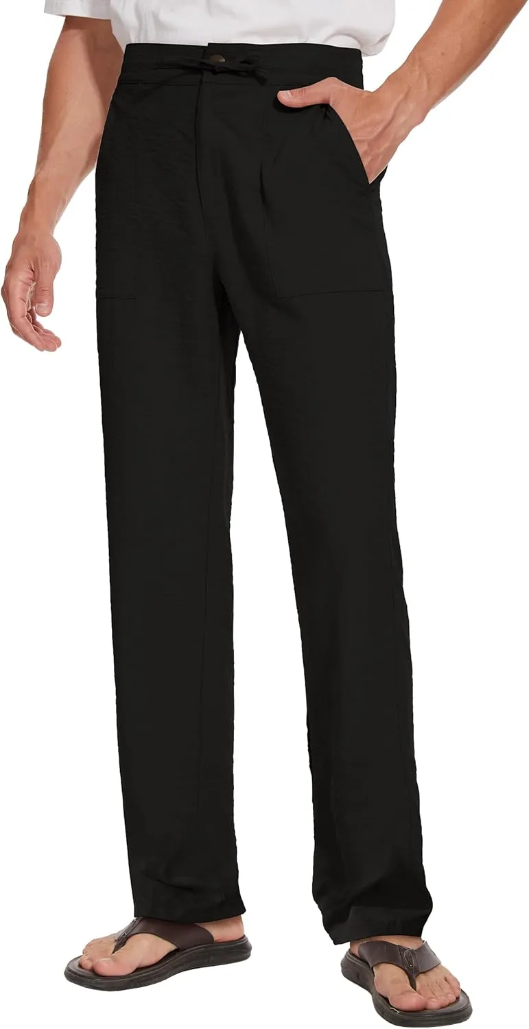 Tall Mens Casual Linen Pants 31/33/35/37 Inseam Beach Slacks Summer Long Drawstring Straight Leg Relaxed Fit