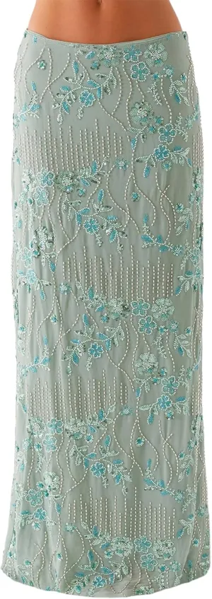 Women Y2k Sequin Long Skirt Bead Floral Embroidery Maxi Skirt Low Waist Rhinestone Glitter Bodycon Club Skirt