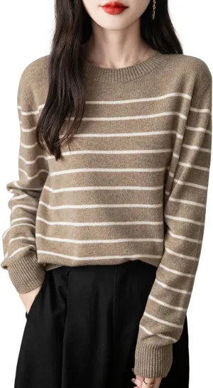 Women's 100% Merino Wool Sweater 2025 Fall Winter Crew Neck Striped Long Sleeve Warm Soft Knit Sweater