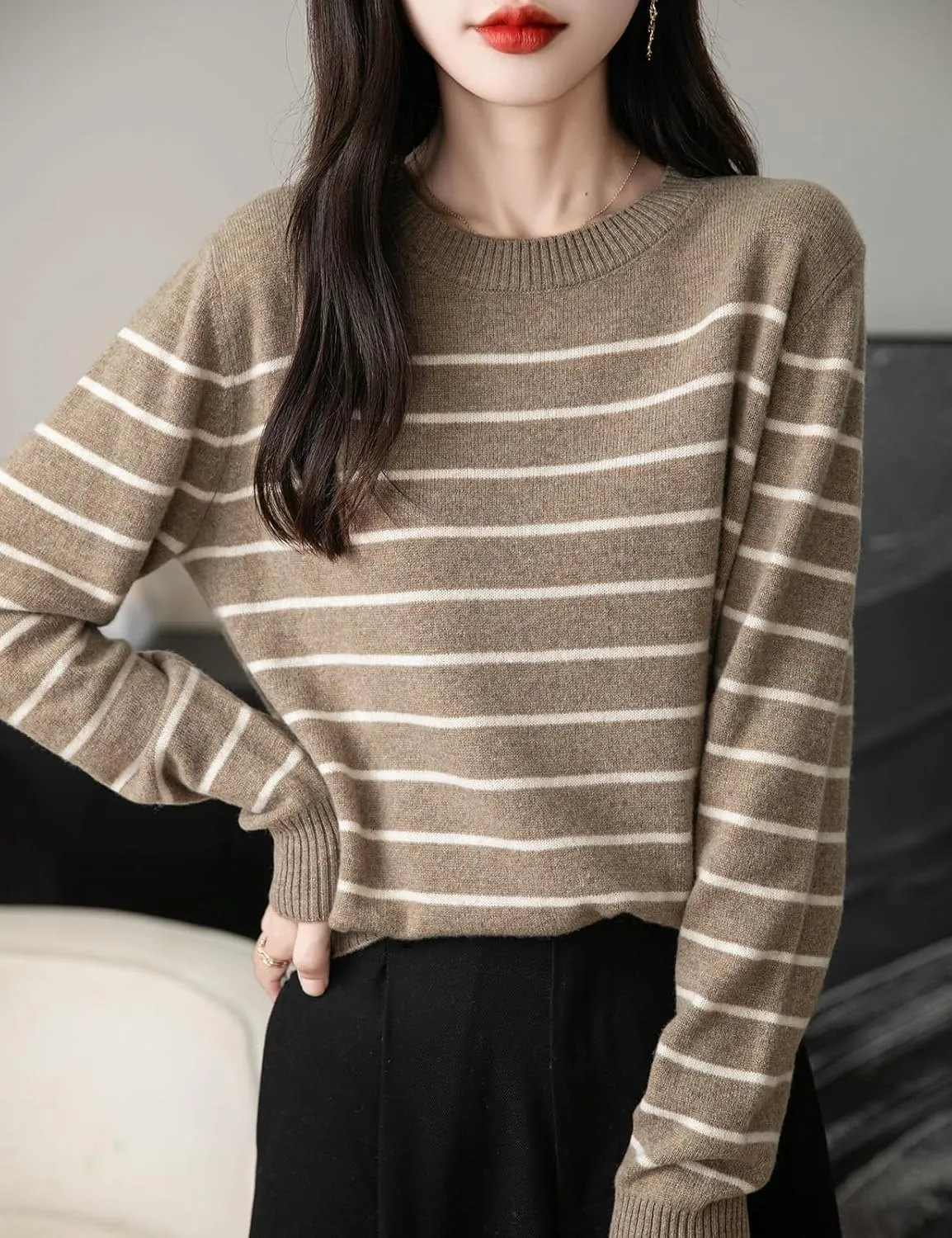 Women's 100% Merino Wool Sweater 2025 Fall Winter Crew Neck Striped Long Sleeve Warm Soft Knit Sweater
