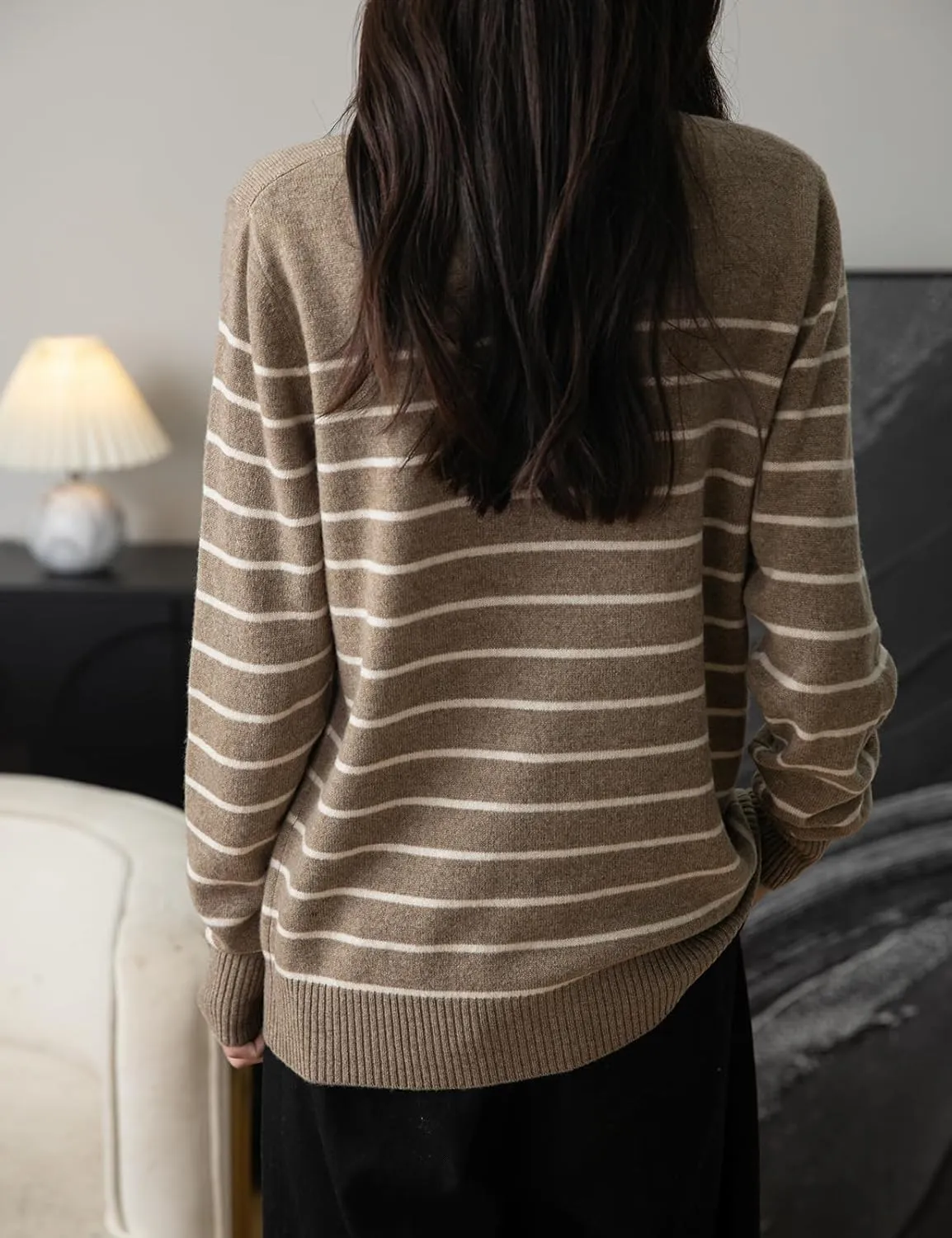 Women's 100% Merino Wool Sweater 2025 Fall Winter Crew Neck Striped Long Sleeve Warm Soft Knit Sweater