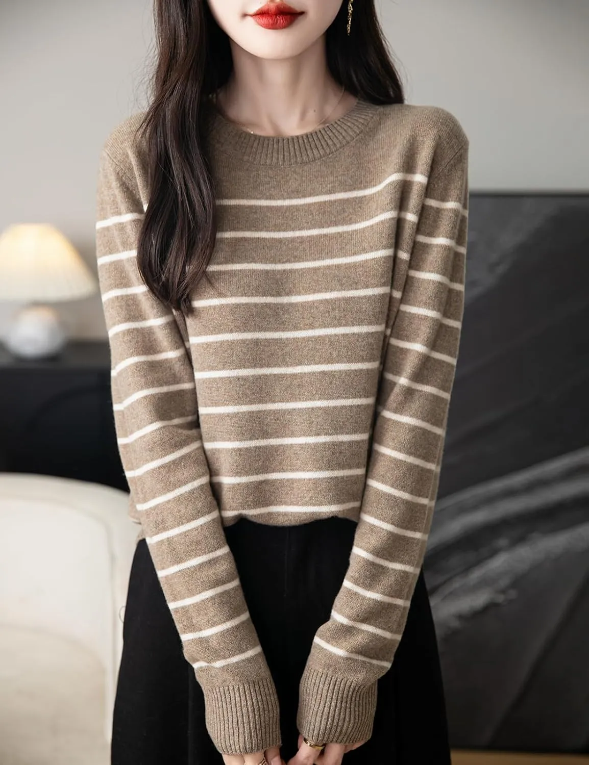 Women's 100% Merino Wool Sweater 2025 Fall Winter Crew Neck Striped Long Sleeve Warm Soft Knit Sweater