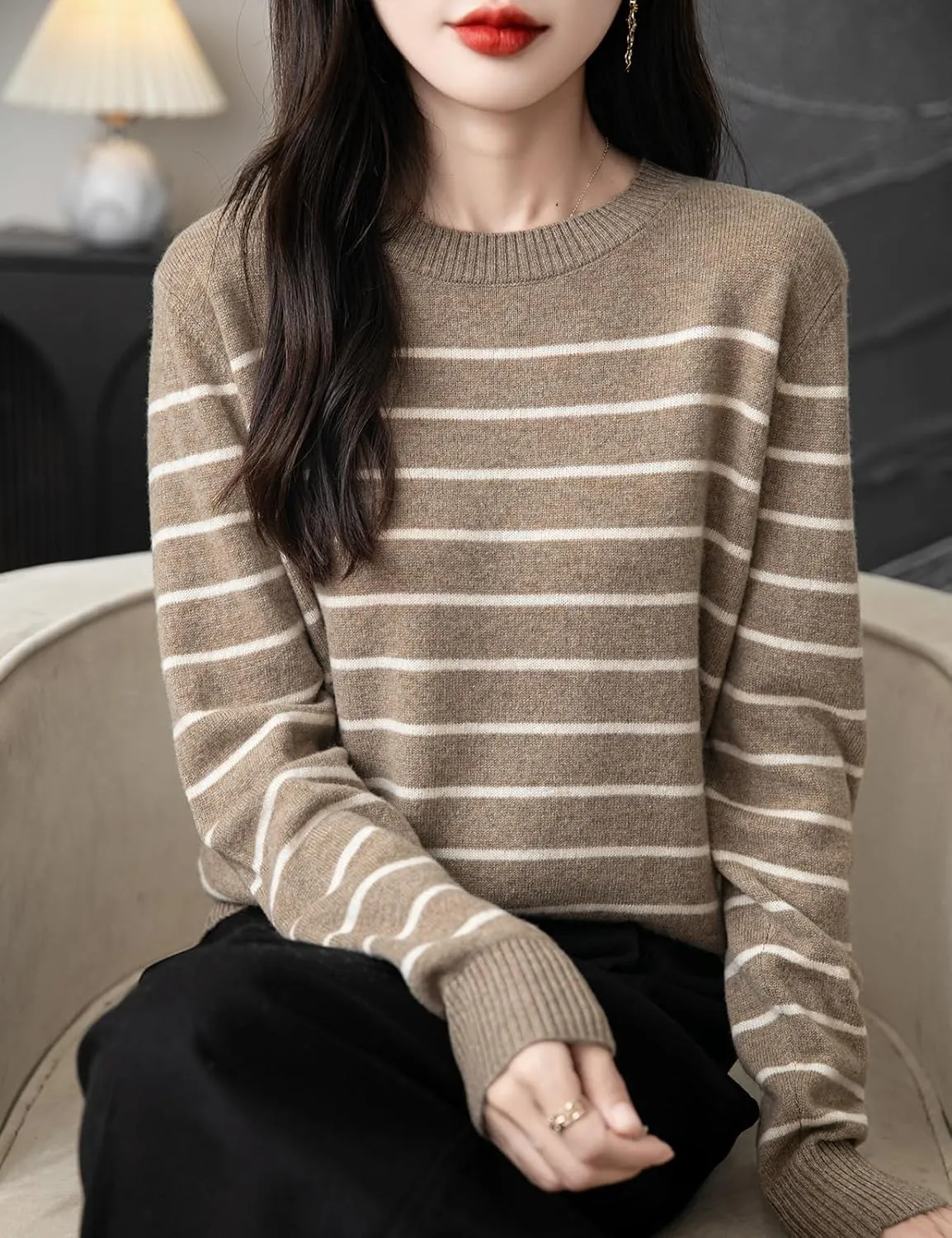 Women's 100% Merino Wool Sweater 2025 Fall Winter Crew Neck Striped Long Sleeve Warm Soft Knit Sweater