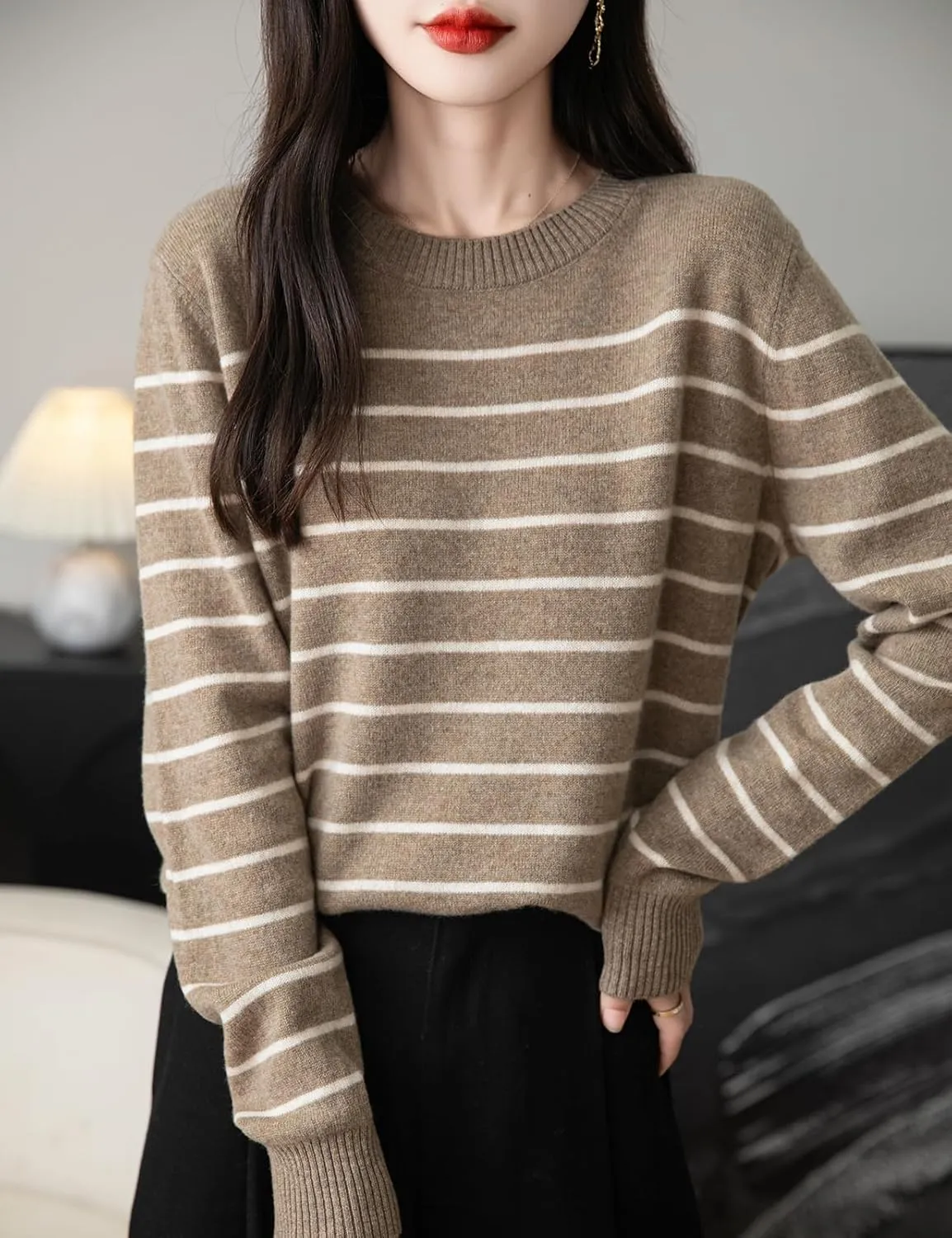 Women's 100% Merino Wool Sweater 2025 Fall Winter Crew Neck Striped Long Sleeve Warm Soft Knit Sweater