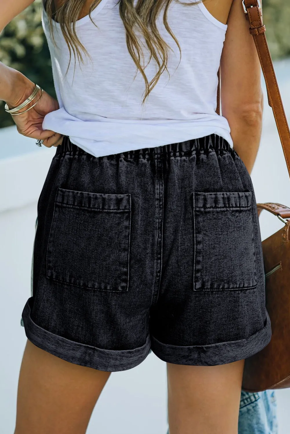 Women's Casual Denim Shorts Pocketed Drawstring High Waisted Denim Jeans