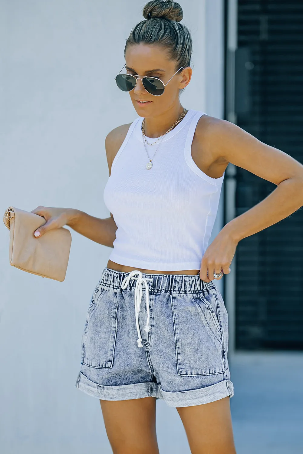 Women's Casual Denim Shorts Pocketed Drawstring High Waisted Denim Jeans