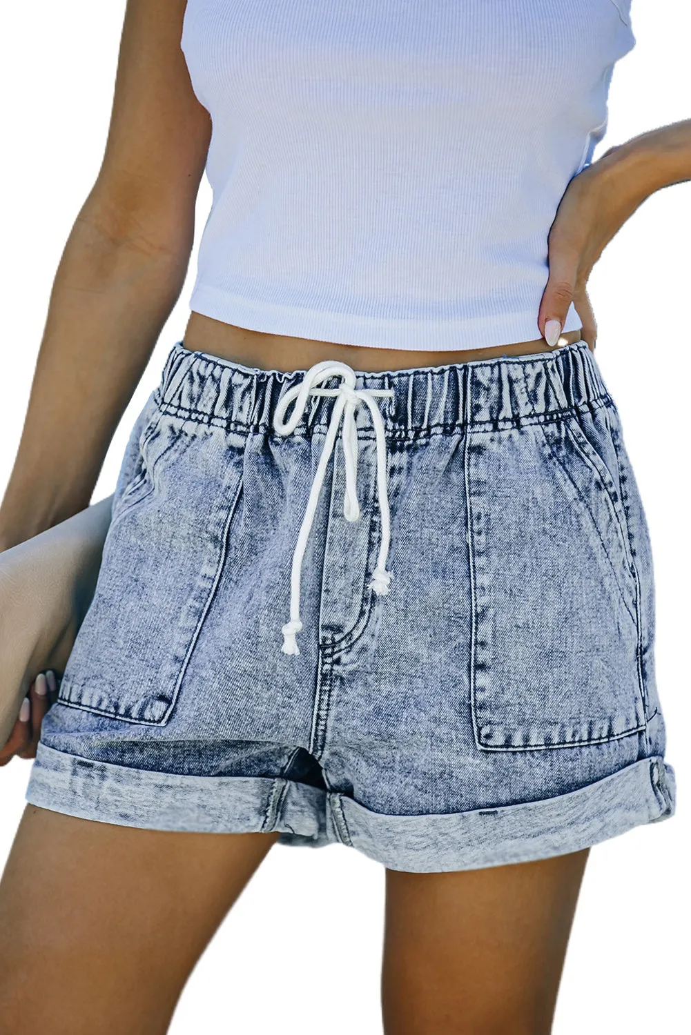 Women's Casual Denim Shorts Pocketed Drawstring High Waisted Denim Jeans