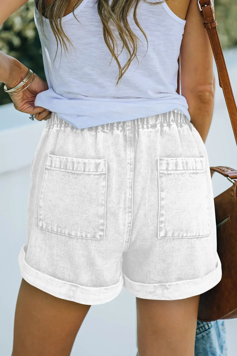 Women's Casual Denim Shorts Pocketed Drawstring High Waisted Denim Jeans